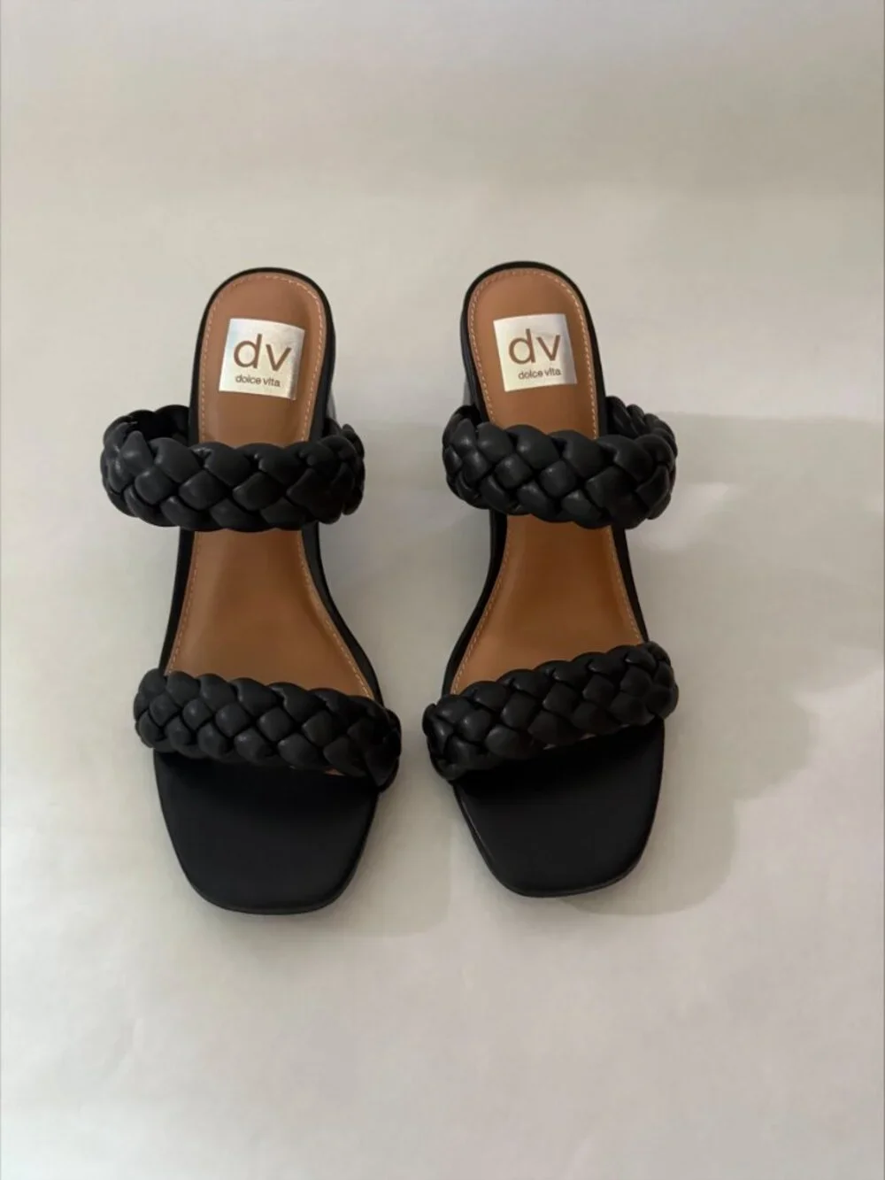 New Dolce Vita Black Braided Leather Slides Block Heels Size 8.5